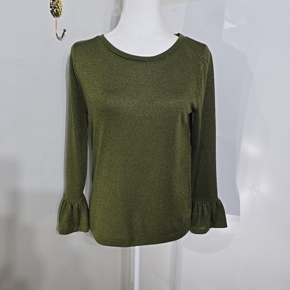 J. Crew Tops - J Crew Womens Green Sparkle Gold Shimmer Bell Sleeve Blouse